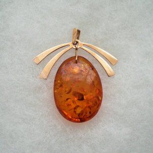 Vintage Russian Soviet USSR 14K 583 Rose Pink Gold Baltic Honey AMBER PENDANT